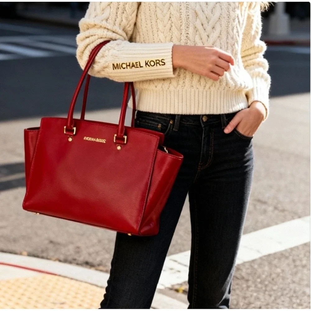 MIchael Kors SELMA‎ LARGE Saffiano Leather Satchel Handbag Cherry Red